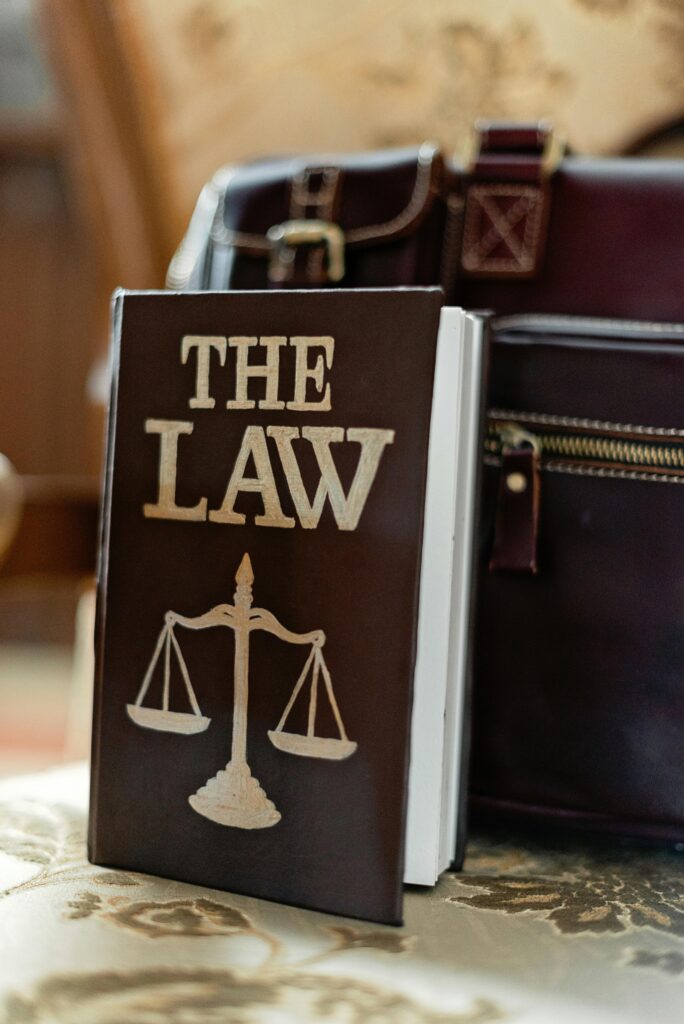 Close-up of a law book titled 'The Law' beside a leather briefcase.